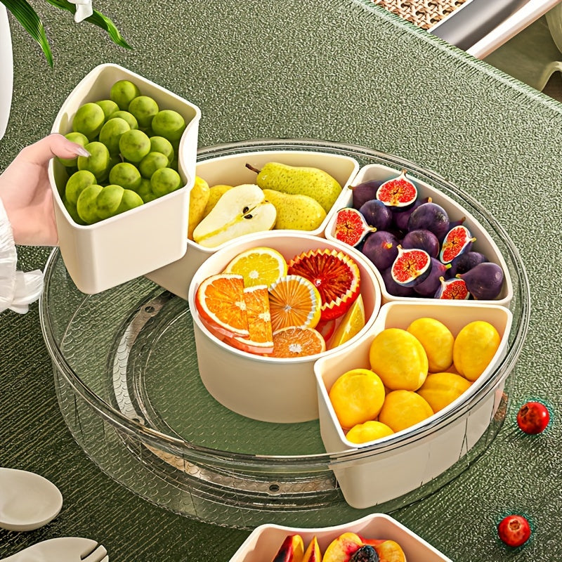 Rotating snack tray with lid for food storage and display, perfect for home, parties, and holidays. Safe for food contact, suitable for various occasions. Ideal for nuts, dried fruit, candy.