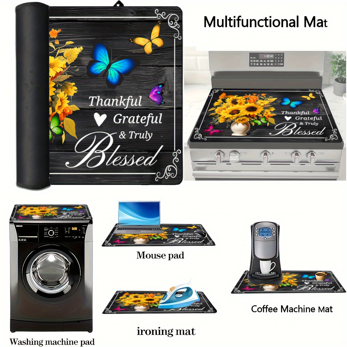 Heat resistant stove top cover with a sunflower design, measuring 28.5x20.5"/72.5x52CM. This glass stove protector is anti-scratch and dishwasher safe, made of natural rubber. Perfect for protecting your stove top during cooking, it can also double as a