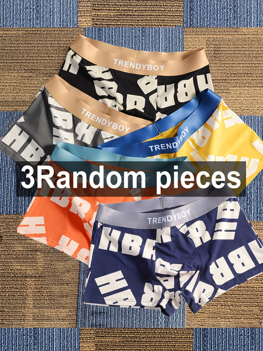 3 TrendyBoy Men's Cotton Boxer Briefs with Elastic Waistband, Random Colors, "HBR" Print Design, Comfort Fit.