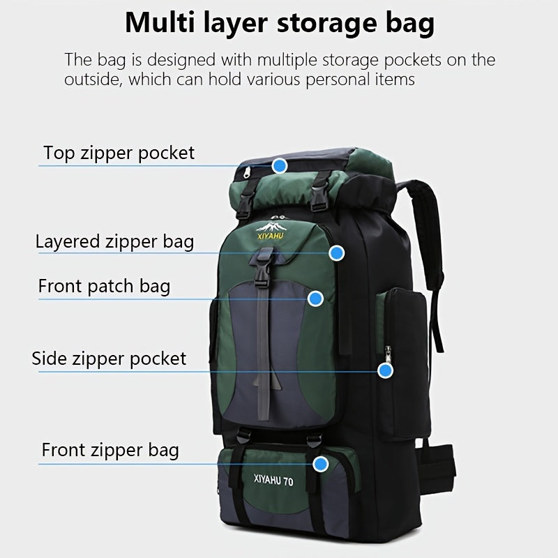 Durable nylon travel backpack for camping and hiking purposes.