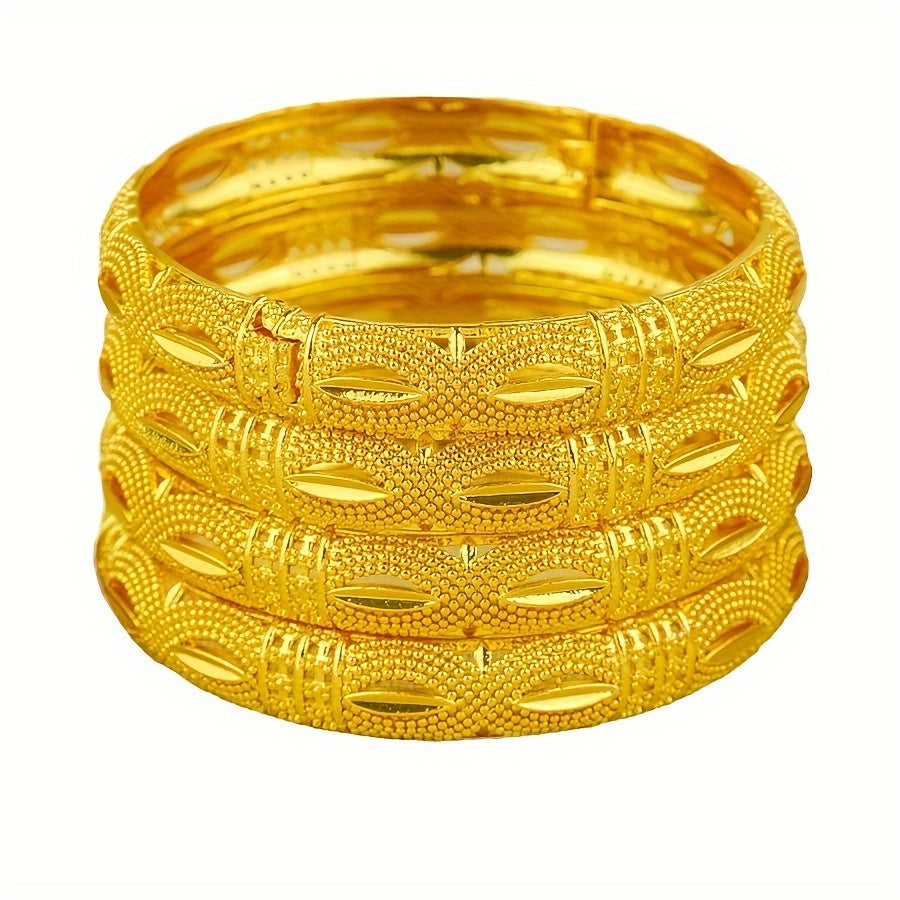 Set of 4 Luxury Bangles Plated in 24K Gold, Inspired by Arabian Style, Made of Copper with an Open Cuff Design, Perfect Fashion Jewelry for Women. Ideal for Weddings, Parties, and Gifting, Suitable for All Seasons.