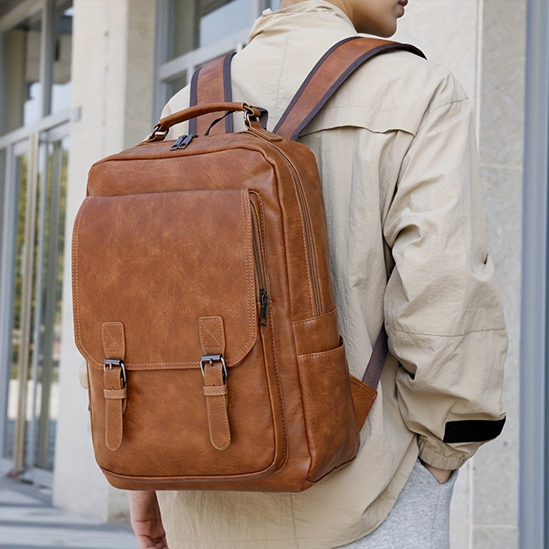 Men's fashion laptop backpack in black, with faux leather soft shell, TSA-compliant, waterproof, magnetic closure, holds 15.6-inch notebook.