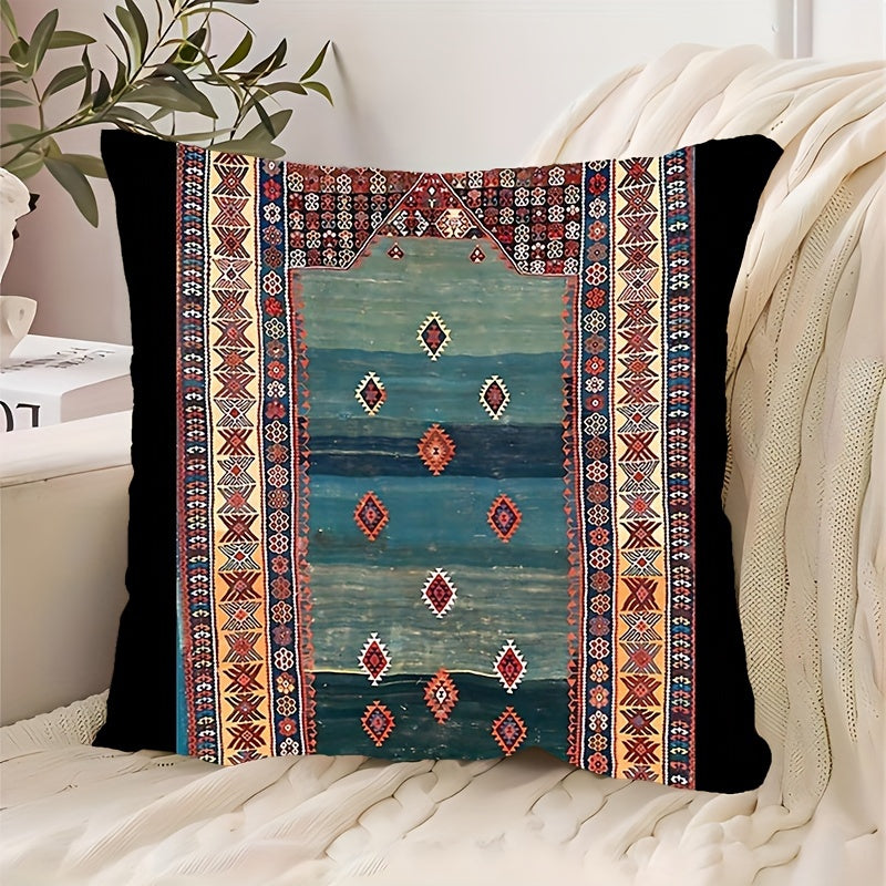 Soft polyester throw blanket with a short plush texture measuring 45.72x45.72 cm - featuring an antique Turkish Kilim design that is ideal for enhancing the décor of your living room, sofa, or bedroom. This blanket is machine washable and has a zip