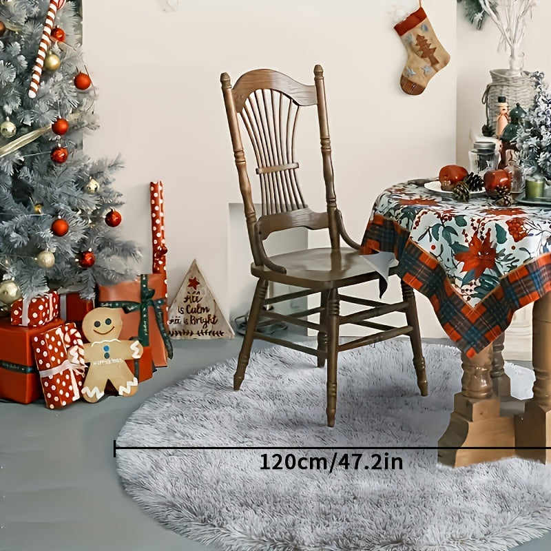 Soft and plush grey round carpet perfect for living room or bedroom decor. Anti-stain and non-slip for added convenience. Made of fluffy polyester material, ideal for Christmas and festive seasons. Care instructions: Dry clean only.