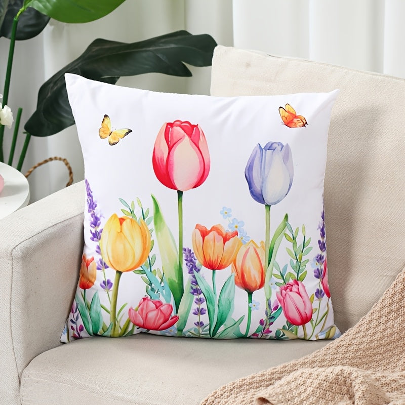 Modern Floral and Butterfly Print Decorative Pillow Cover, Made of Polyester, Easy to Clean in the Washing Machine, Features a Zipper Closure, Ideal for Adding a Touch of Spring to Your Living Room Decor or Party Setting.