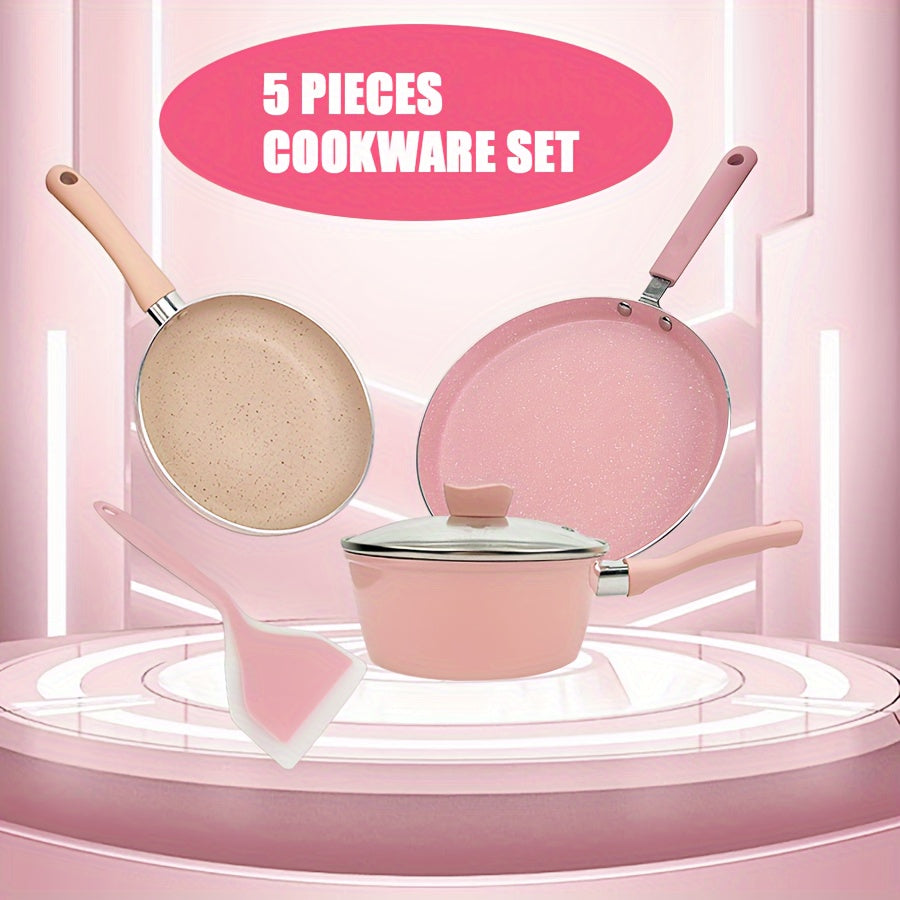 Pink Non-Stick Aluminum Cookware Set - Includes 5 Pieces of Durable, Easy-Clean Pans. Heat Resistant and Dishwasher Safe for Healthy Cooking