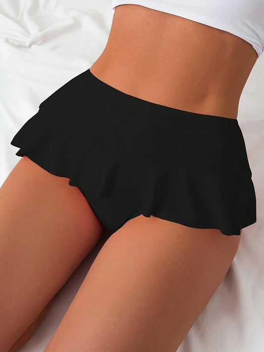 Stylish high-waist ruffle bikini swim shorts for women - Solid color, stretchy polyester blend perfect for summer beach fashion.