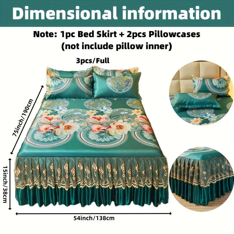 Jacquard Bed Skirt Set with Pillowcases, featuring a charming Lace Hem and Floral Pattern. Made of Soft and Comfortable 100% Polyester, this set is machine washable for easy care. Available in Contemporary Style with a Woven Fabric design, weighing 120g.