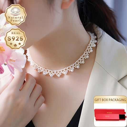 Elegant MUFAN Vintage Freshwater Pearl Necklace for Women - June Birthstone - 3-4mm/6-7mm - Unplated - Sterling Silver Clasp - Suitable for Daily Wear or Gifting - Comes in Gift Box