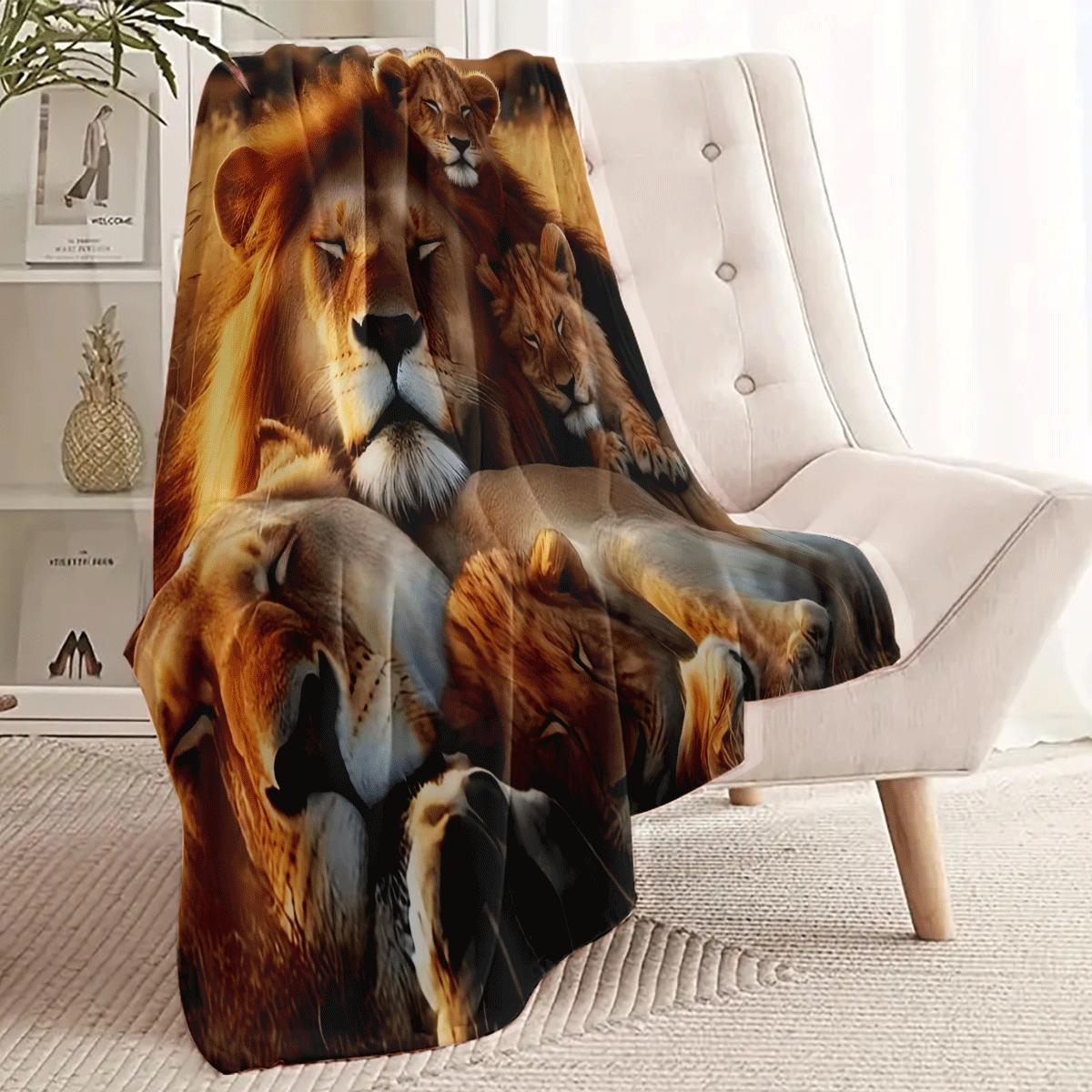 Get cozy with this vintage Lion Family print flannel throw blanket. Made from knitted polyester, this lightweight blanket features a digital print animal theme. With a fabric weight of 200-250g, it's perfect for any season and ideal for use on your sofa