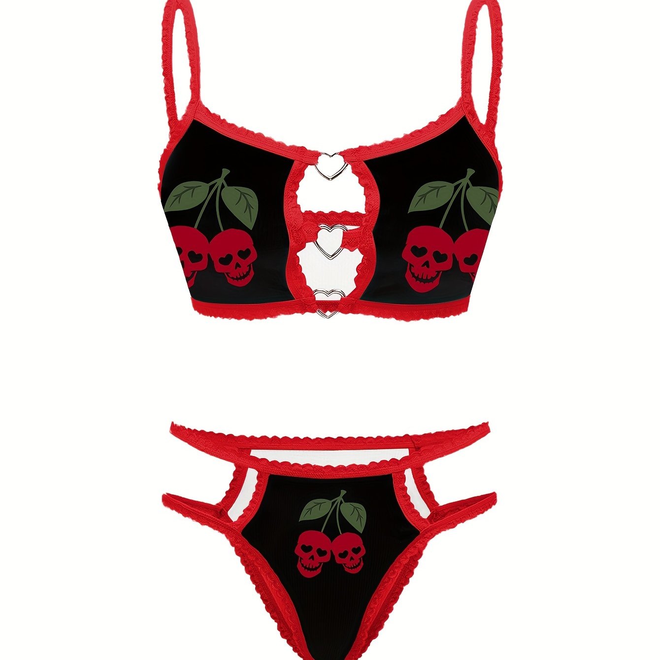 Skull and cherry print lingerie set for women with bra and thong, made of breathable polyester blend, machine washable.