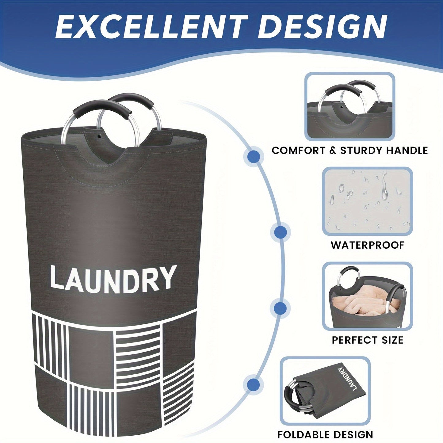 Waterproof laundry hamper with padded handles, stands up well and collapses for easy storage. Perfect for bathroom, laundry room, balcony, dorm, and more. Stay organized with this 82L/115L laundry basket.