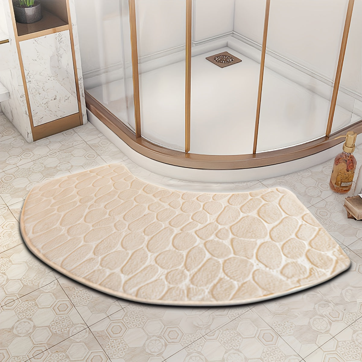 Half Round Bath Mat with Quick-Dry Absorbent Technology, Non-Slip PVC Backing, Made of Polyester with Low Pile and Machine Washable, Features Embossed Floral Design