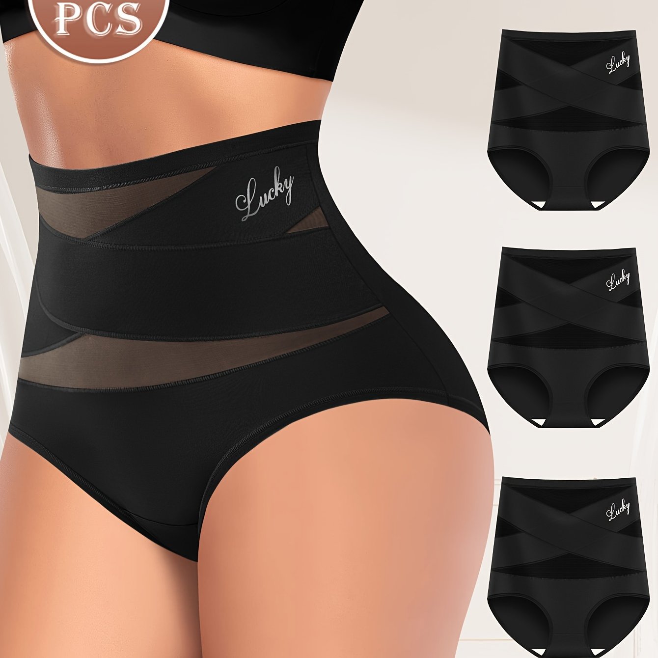 High-waisted tummy control panties, breathable mesh, seamless triangle shapewear with butt lifting feature (3 pieces).