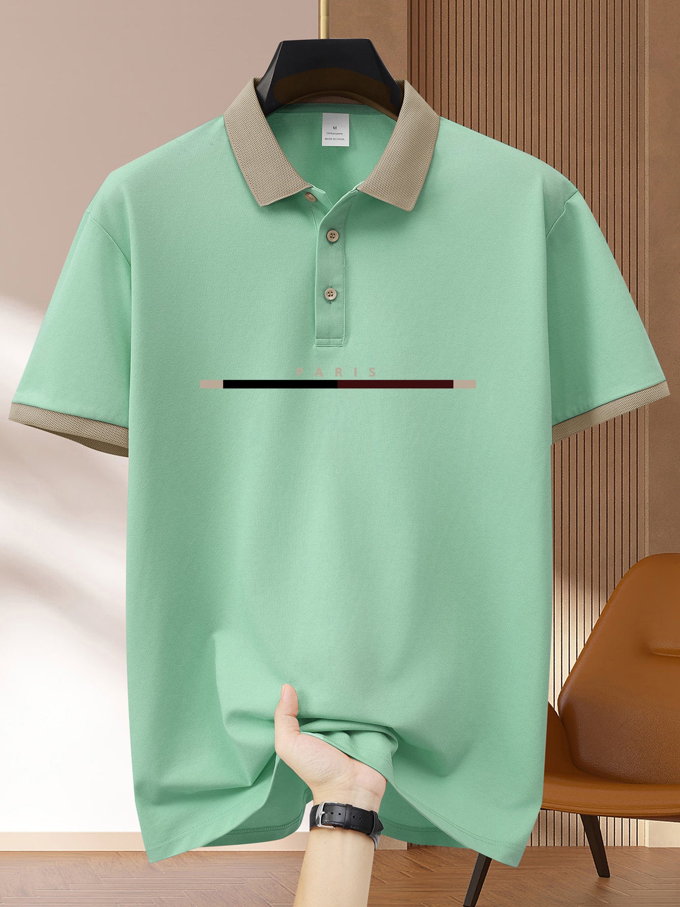 1pc Men's casual polo shirt with geometric pattern made of summer knit polyester, featuring a button collar and short sleeves. Available in navy blue, light green, khaki, black, and pink.