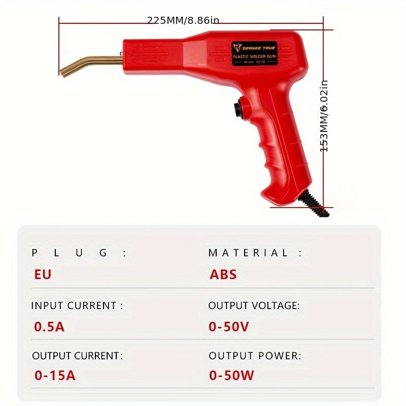 50W High Power Plastic Welding Gun with One-Click Heating, ideal for car bumper repair. Comes with Hot Stapler Welding Machine and EU Standard Plug, operates at 220-240V.