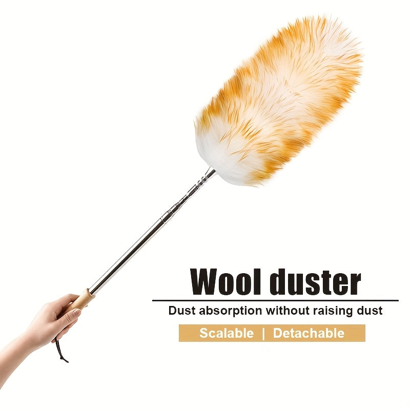 The Wool Duster is a household cleaning tool with a retractable and detachable wooden bamboo handle that extends up to 223.01cm. It effectively absorbs ash and eliminates dust without causing any mess.