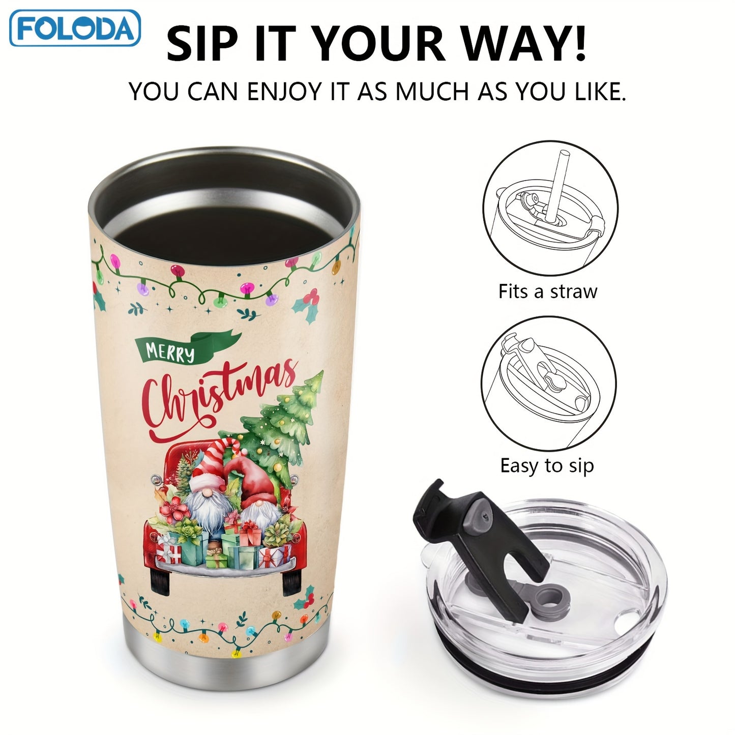 1pc 20oz Foloda Stainless Steel Insulated Tumbler featuring Christmas Santa Claus and Red Truck design. Oval shape, hand wash only, PVC free. Perfect for running and holiday gifts. Merry Christmas Patterns Travel Mug.