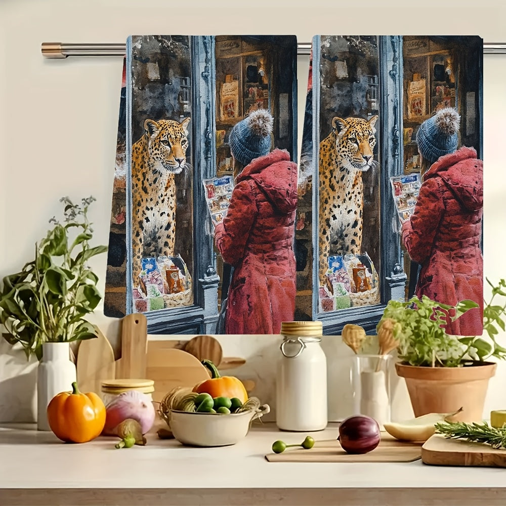 Set of 2 Ultra Soft Kitchen Towels featuring a Whimsical Leopard & Human Encounter Design, Made with Highly Absorbent Polyester Material. Easily Machine Washable, each towel measures 40.64x60.96 cm - Perfect for Holiday Decor and practical use as Dish