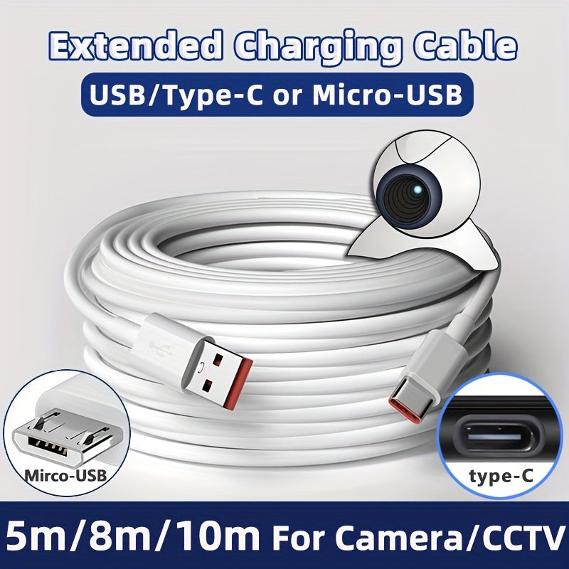 5-10m Security Camera Power Cable, White, Ideal for Outdoor Surveillance, No Battery Needed