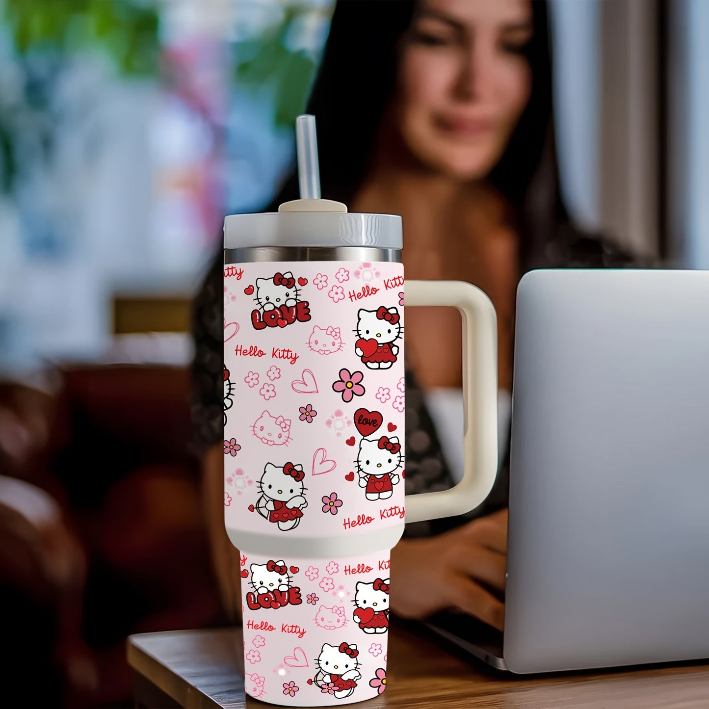 1pc Sanrio Hello Kitty 40oz Stainless Steel Tumbler with Handle, Insulated Travel Mug with Straw, BPA-Free, Hand Wash Only, Round Shape, Christmas Gift for Family and Friends