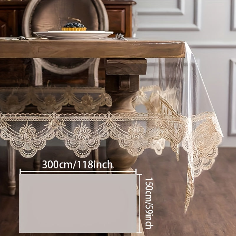 1 piece PVC table cover with non-slip lace border for kitchen, restaurant, party decor, and home use.