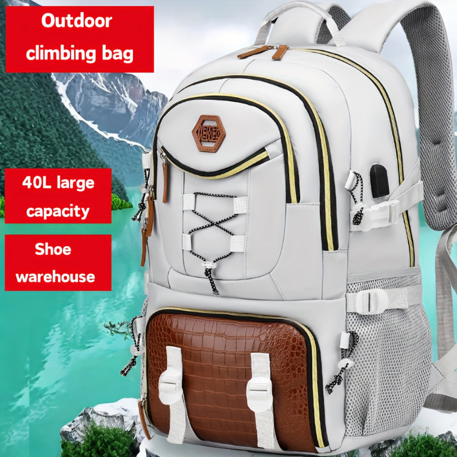 WEIXIER Men's Stylish Multifunctional Backpack in White & Brown with Large Capacity for Laptop, Travel, School & Work, Durable Nylon with Crocodile Texture - Perfect Gift for Friends &