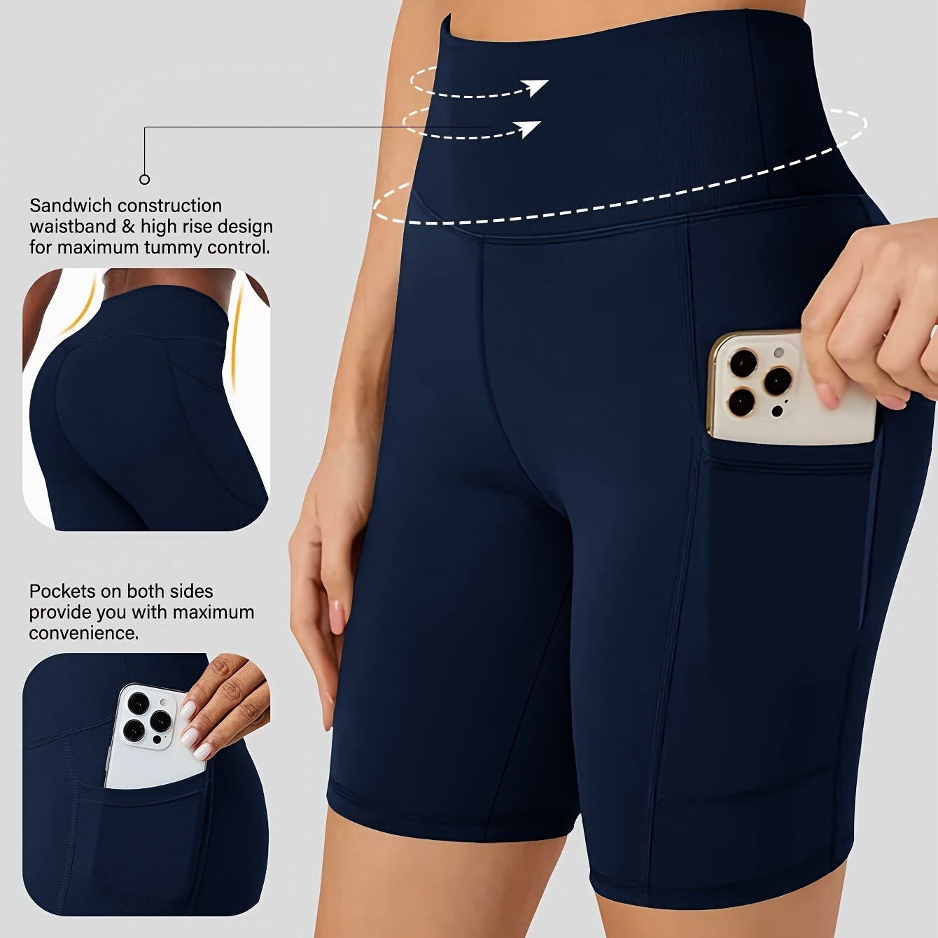 High-waist cycling shorts for women with side pockets, breathable and comfortable, perfect for fitness and outdoor activities.