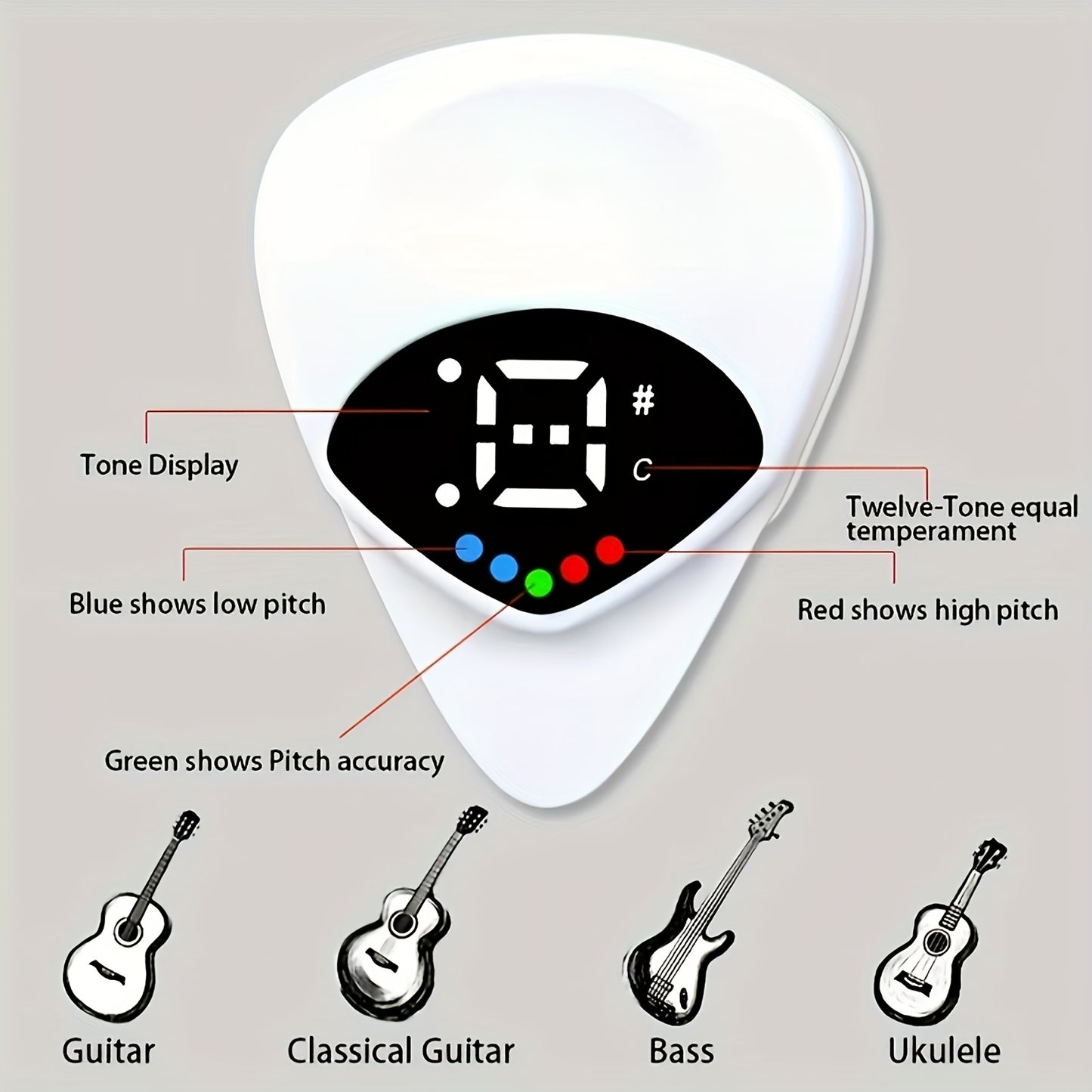 QiJiStar 2-in-1 Guitar Pick & Tuner - Portable pitch calibrator for folk guitars and ukuleles, 12-tone equal temperament, white ABS resin, battery powered