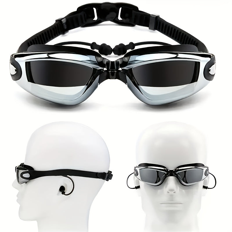 Large frame electroplating waterproof swimming goggles for men and women, in high definition.