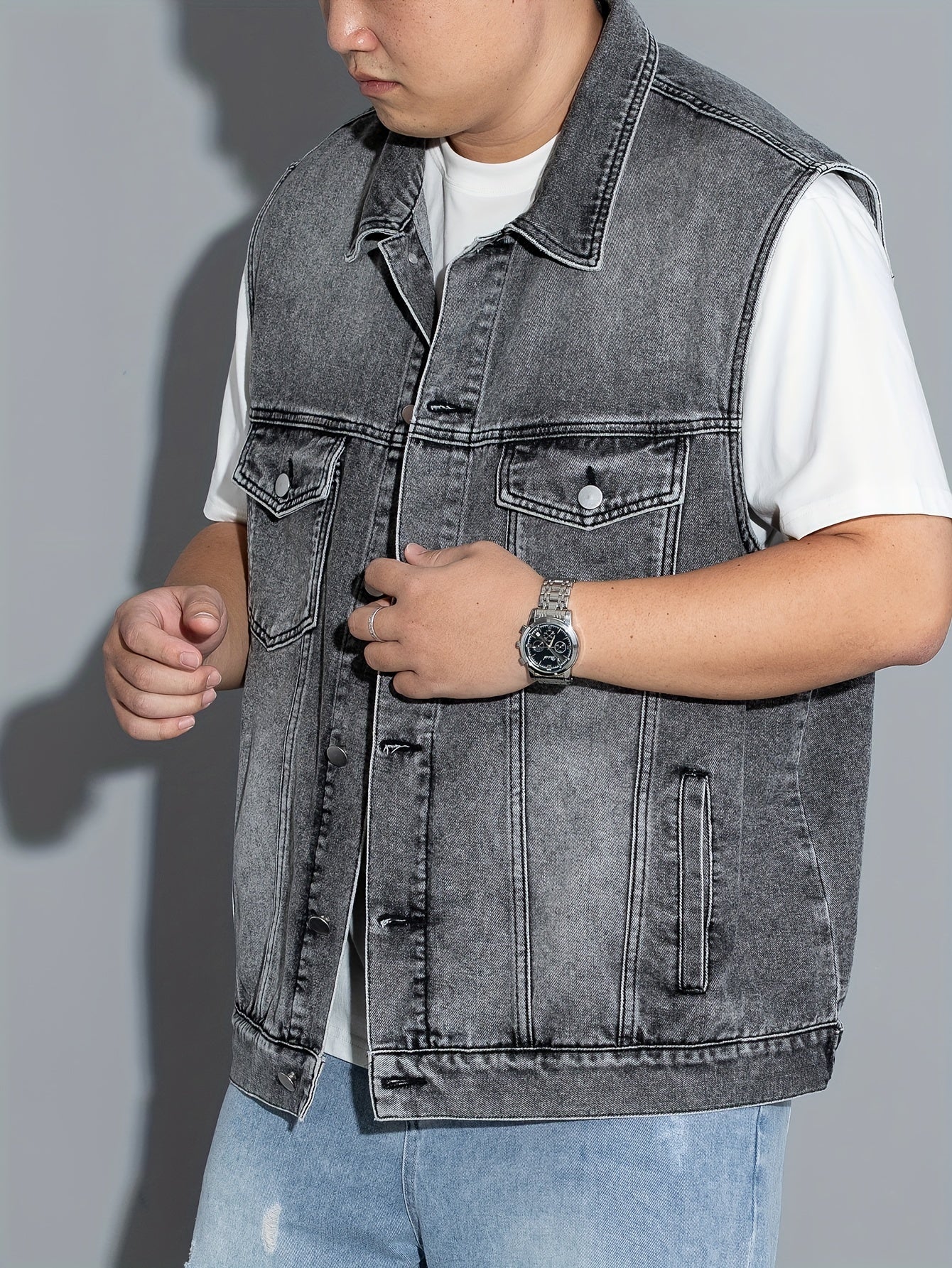 Men's sleeveless denim vest with flap pockets, button closure, lapel collar. Machine washable. Ideal for spring/summer/fall. Plus size.