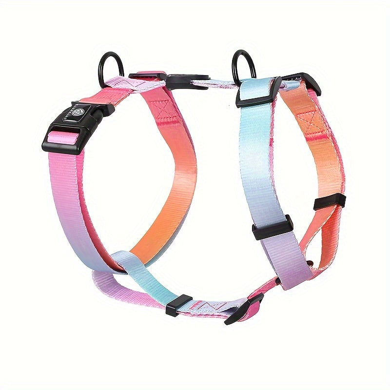 Adjustable and durable dog harness for small to medium dogs with gradient pastel design. Features secure buckle, handle, and polyester material. Ideal for outdoor activities. Hand-wash only.