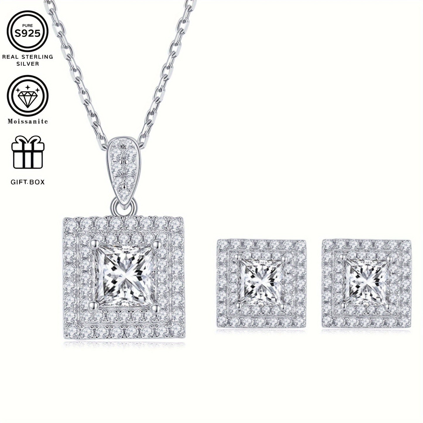 This luxurious jewelry set for women features a stunning collection of S925 silver square moissanite pieces. Included is a 1ct moissanite necklace and 0.5*2ct moissanite earrings, both designed to sparkle and shine. This set is perfect for gifting