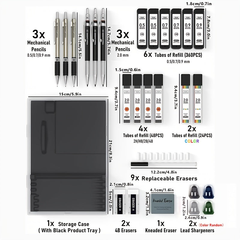 FourCandies 25pcs Art Set includes mechanical pencils with various lead sizes, lead holders, graphite refills, kneaded eraser, sharpener, and portable case for drawing and sketching.