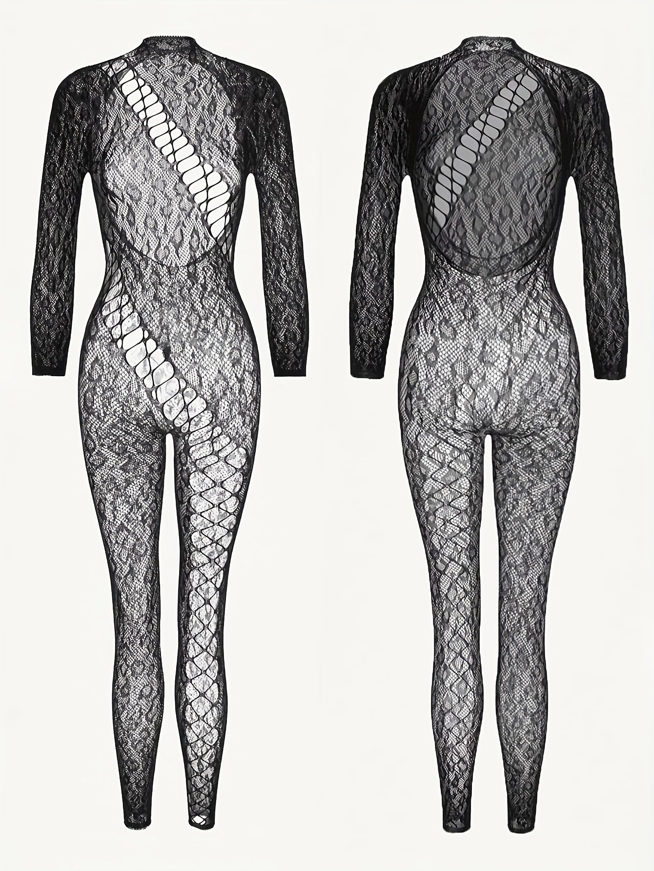 Women's Leopard Fishnet Bodystocking with Long Sleeve, Backless Design - Sexy Lingerie