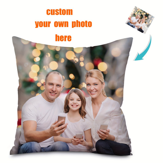 Vintage style personalized photo pillow cover with happy family design. Machine washable with zipper closure. Ideal gift for friends and family. Perfect for sofa, bed, or car decor. Made of polyester with single-sided print.