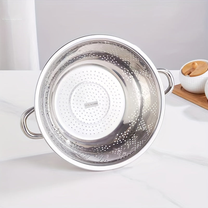 One piece of a durable metal colander with handles, perfect for washing and draining vegetables, fruits, and pasta. This food-safe kitchen strainer is made of stainless steel and comes with a sturdy base.