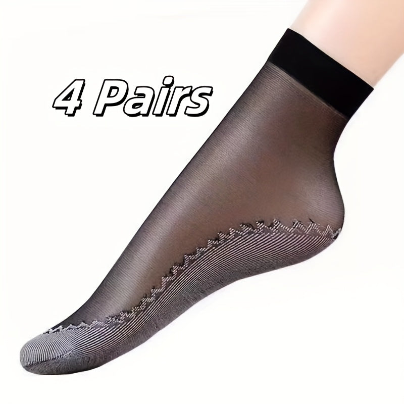 4 pairs of women's sheer ankle socks with non-slip transparent toe protector, breathable nylon knit fabric. Made of 85% Polyamide and 15% Elastane. Solid color, hand wash recommended. 100