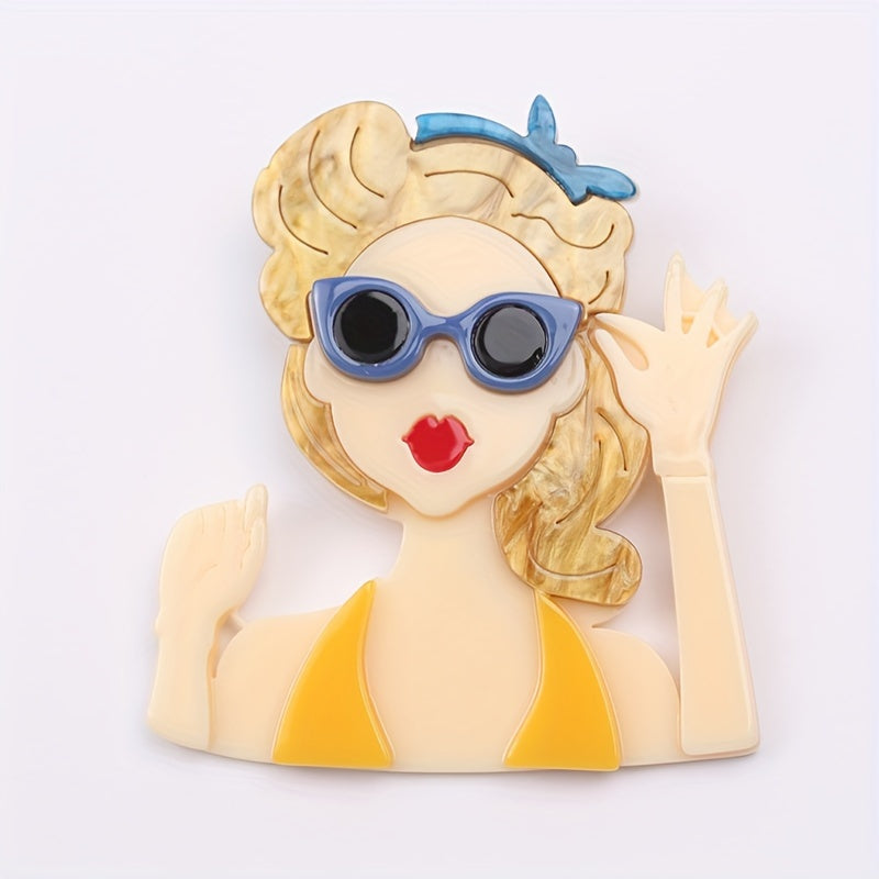 Retro Glasses Lady Head Pendant in Vintage Style Acrylic Pin, Perfect for Clothing Accessories