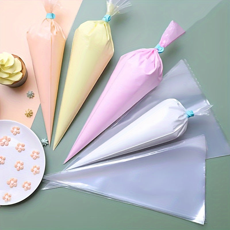 Set of 100 disposable piping bags for cake decorating, featuring triangle design for easy icing and frosting. Ideal for cookies, cupcakes, and homemade desserts. Must-have for kitchens and restaurants.