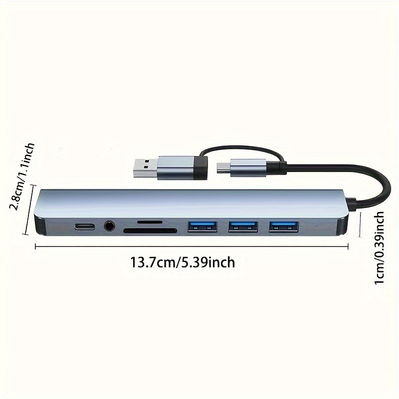 USB hub with audio jack, 8 ports, tablet-compatible, USB-powered, 5V operating voltage.