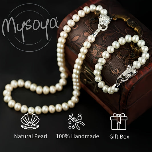 MYSOYA presents an exquisite luxury set of freshwater pearl jewelry featuring a stylish leopard head clasp. Handcrafted with genuine 8-9mm pearls, this unisex necklace and bracelet set is the perfect natural June birthstone accessory. Give the gift of