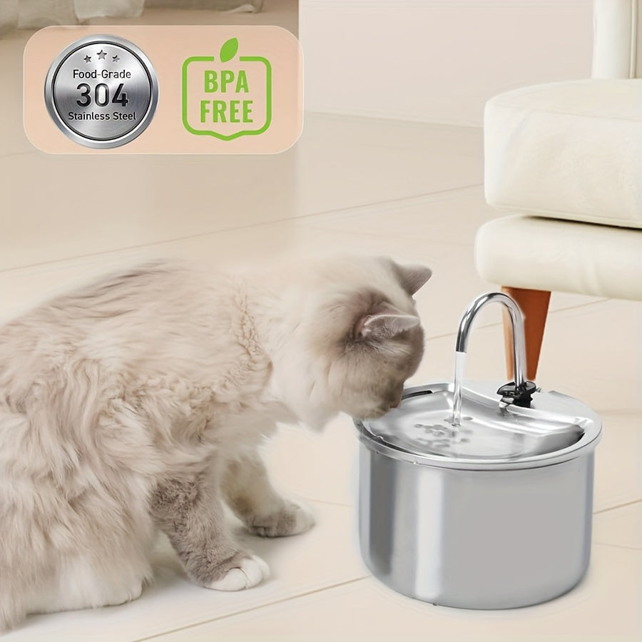 Stainless steel pet water fountain with USB power, quiet automatic dispenser for cats and dogs, splash-proof basin for increased water intake, no batteries needed.