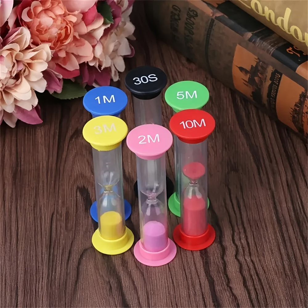 Set of 6 colorful mini sand timers for school or office.