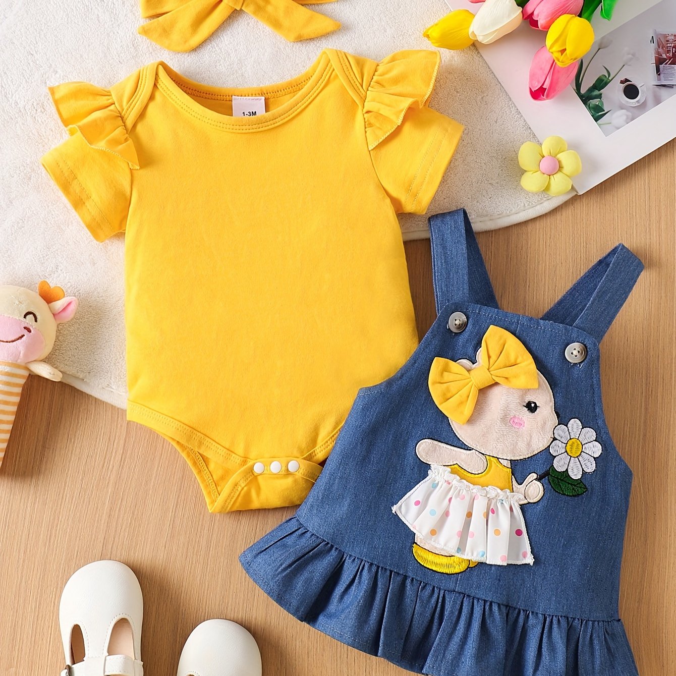 Adorable baby girl dress set with bear and sunflower pattern, perfect for newborns. Includes regular bodysuit and skirt, ideal for outdoor wear.