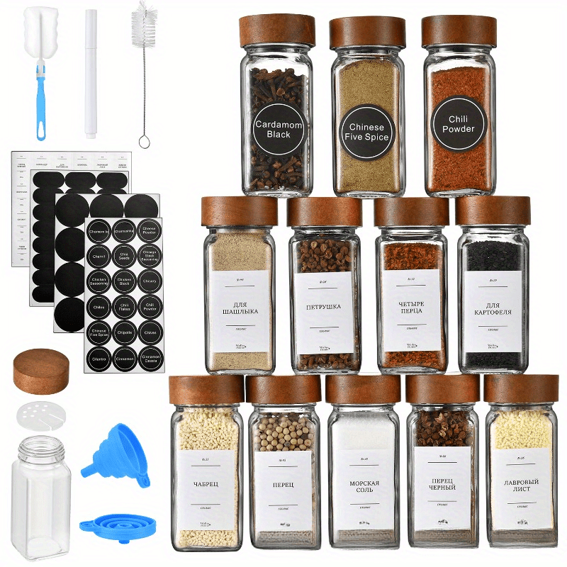 12-Pack Square Spice Jars, Acacia Wood Pepper Shakers, Glass Condiment Containers, Large Bowls with Lids, Serving Utensils