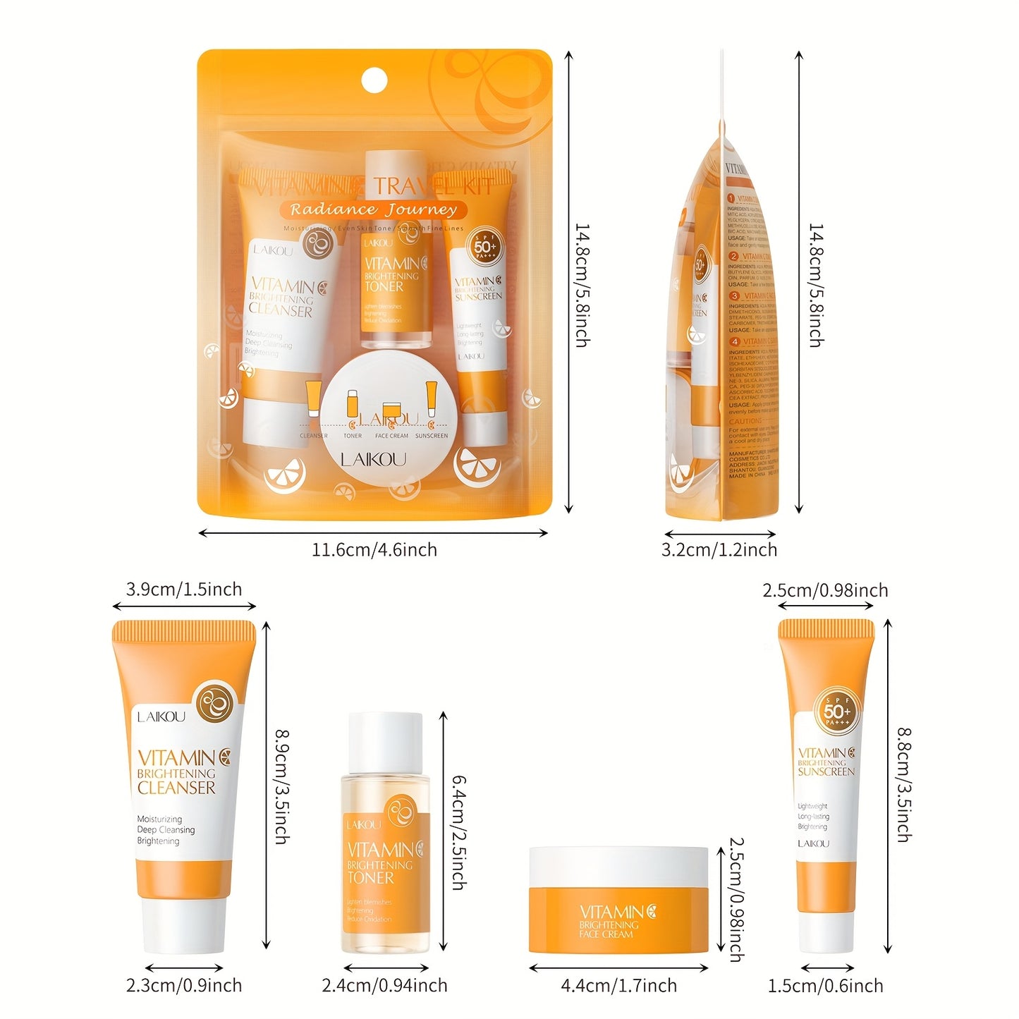 LAIKOU Vitamin C Skincare Set includes 4 products for all skin types: foam cleanser, toner, moisturizer, and sunscreen.