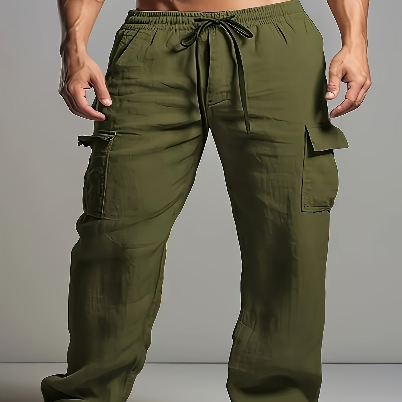 Retro men's cotton and linen drawstring trousers with multiple pockets for outdoor daily wear.