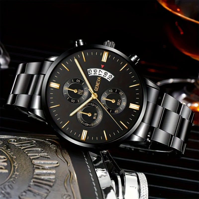 Casual Style Matching Bracelet Set Elegant Men's Stainless Steel Quartz Watch with Calendar Feature