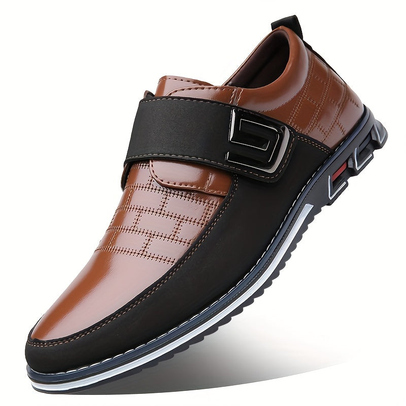 Men's dress loafers with hook and loop fastener for business or casual wear.